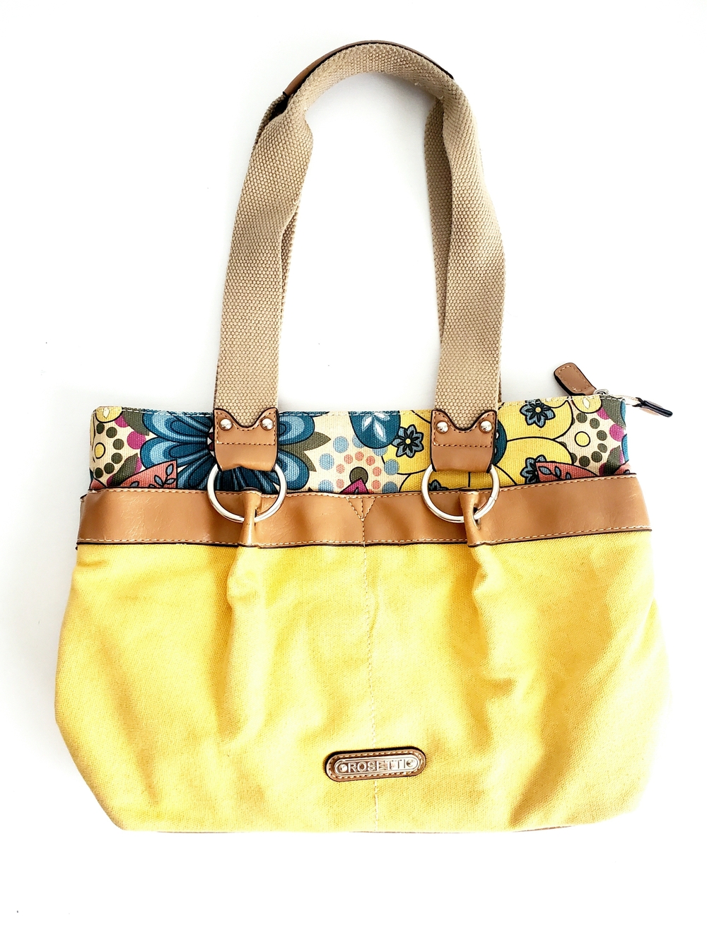 Yellow Canvas Tote Bag with Floral Trim